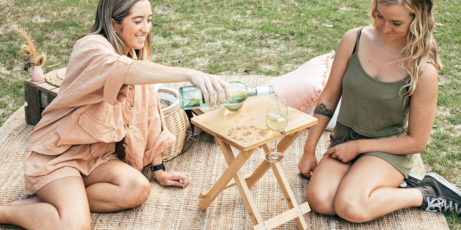 Engraved Birthday Bamboo Picnic Table with Engraved Wine Glasses