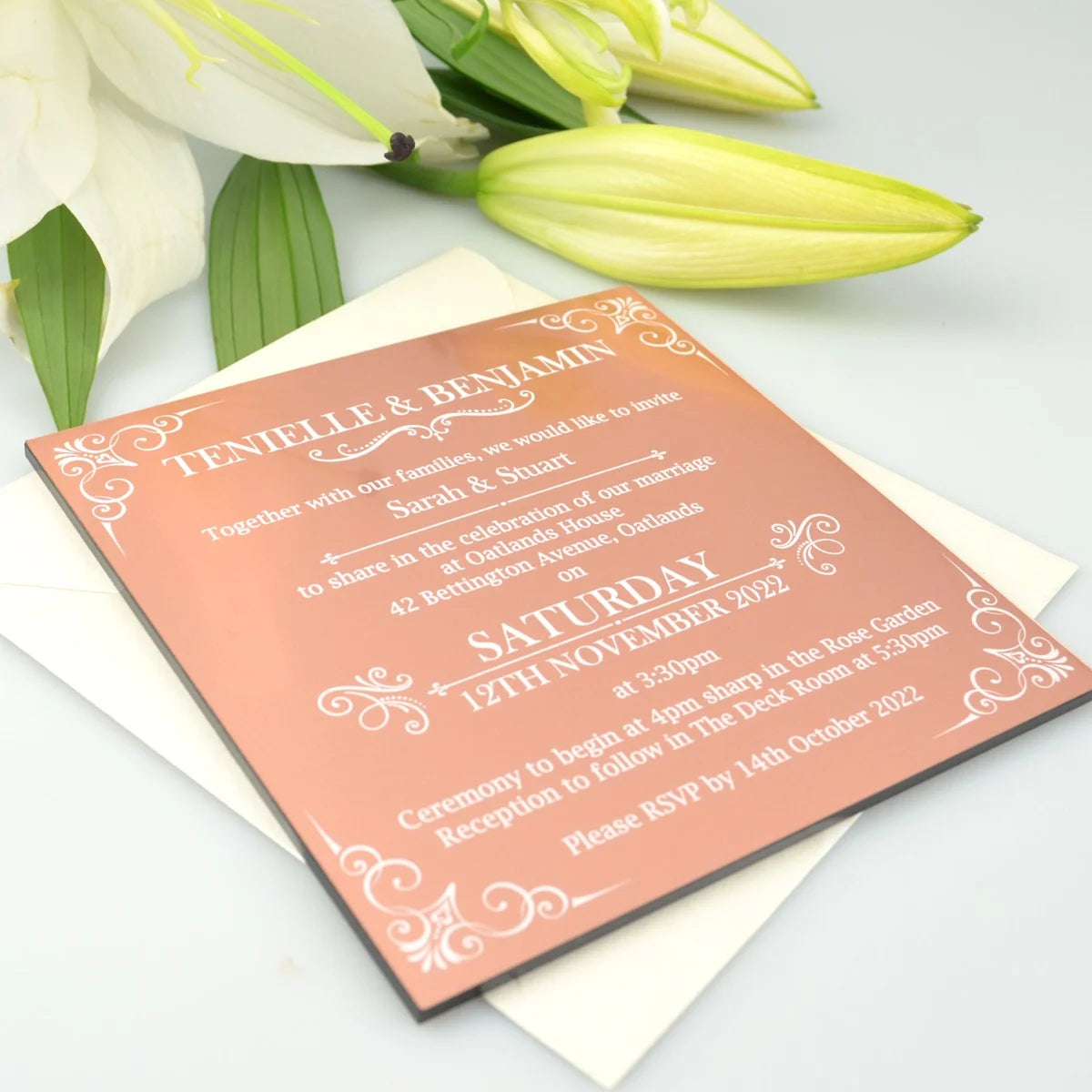 Rose gold wedding invite