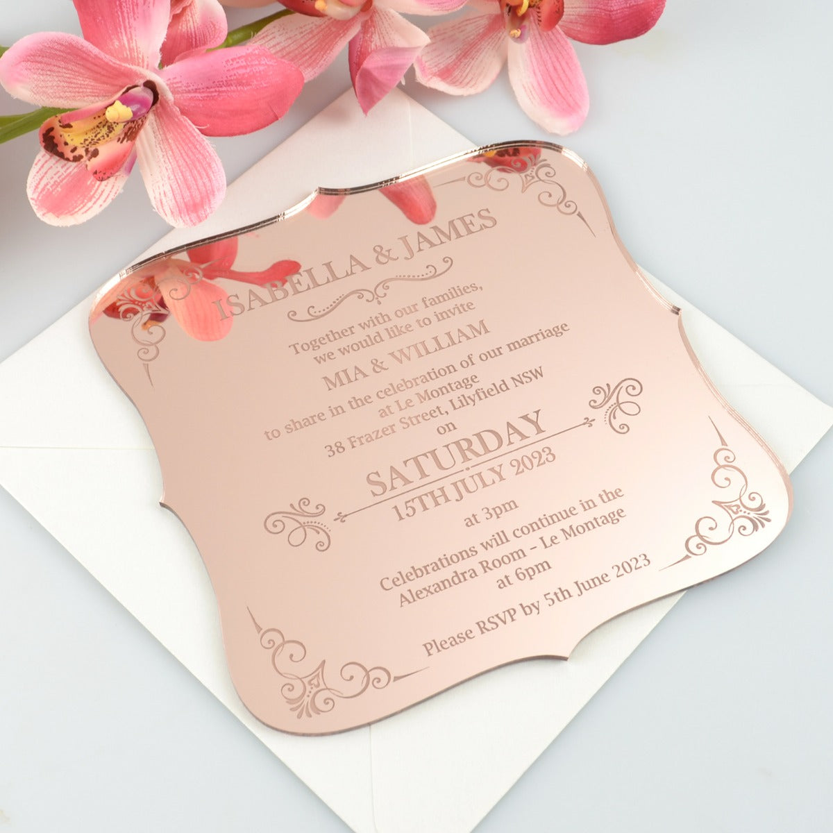 royal style rose gold acrylic invite wedding