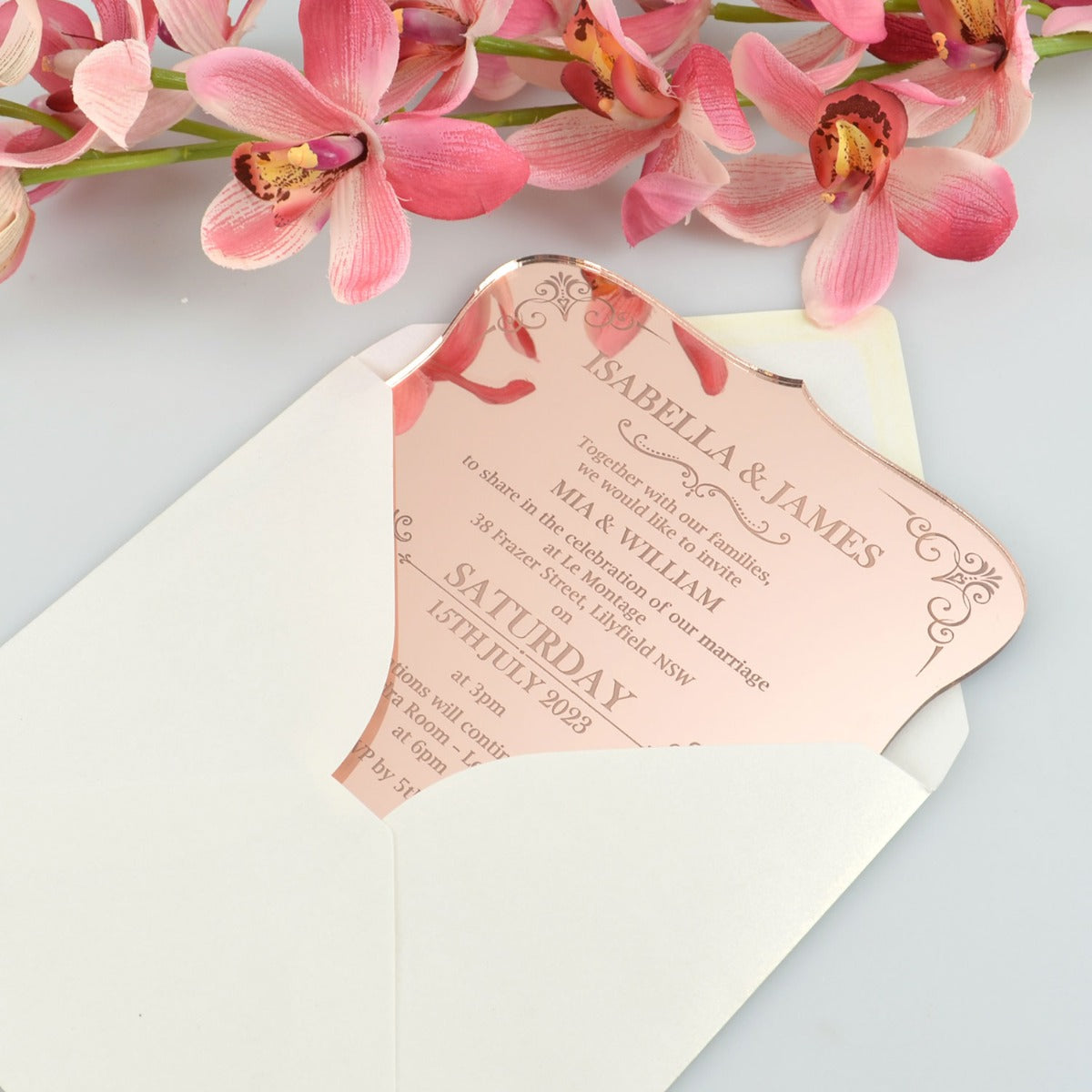 rose gold acrylic wedding invite