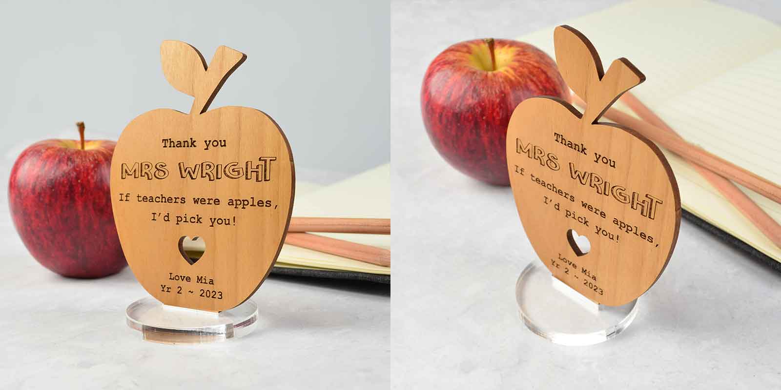 Engraved Wooden Teacher Apple Plaque with Stand