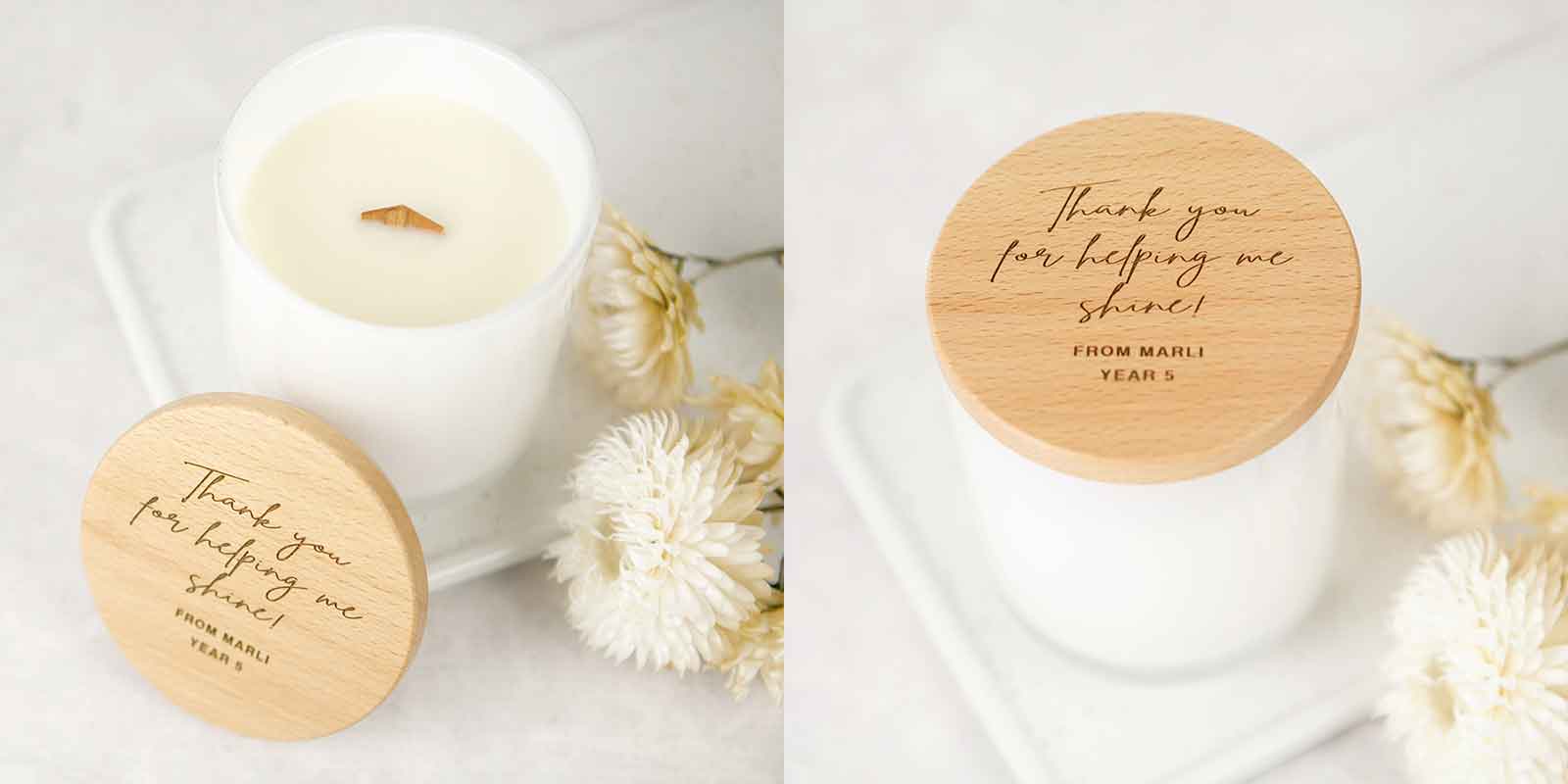 Engraved White Wood Wick Soy Candle with Wooden Lid Teacher's Gift
