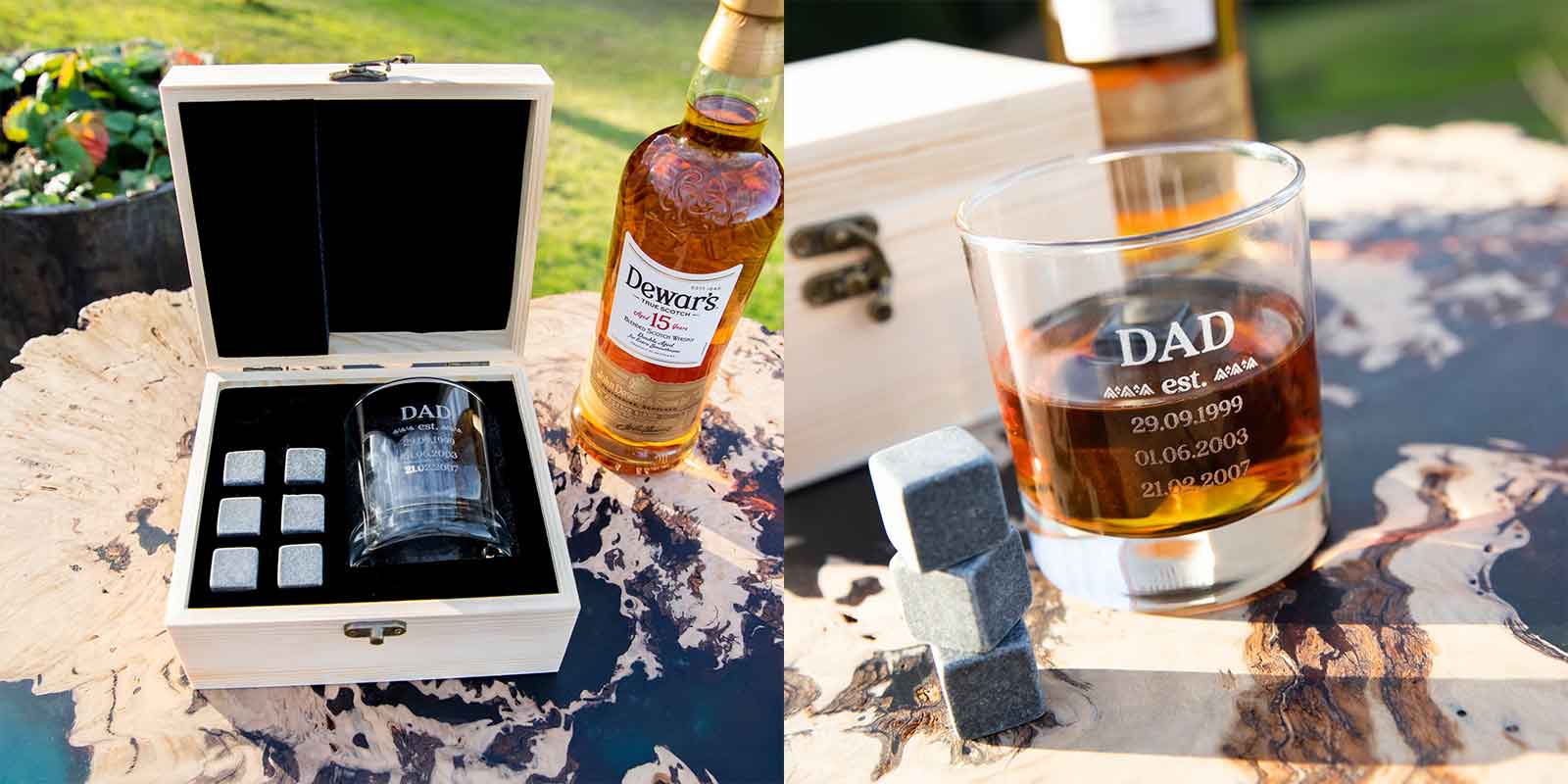 Engraved Father's Day Wooden Gift Boxed Scotch Glass and Whiskey Stone Set