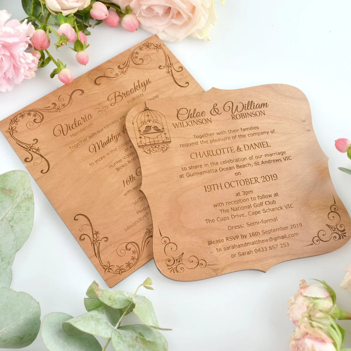 wooden square wedding invite engraved