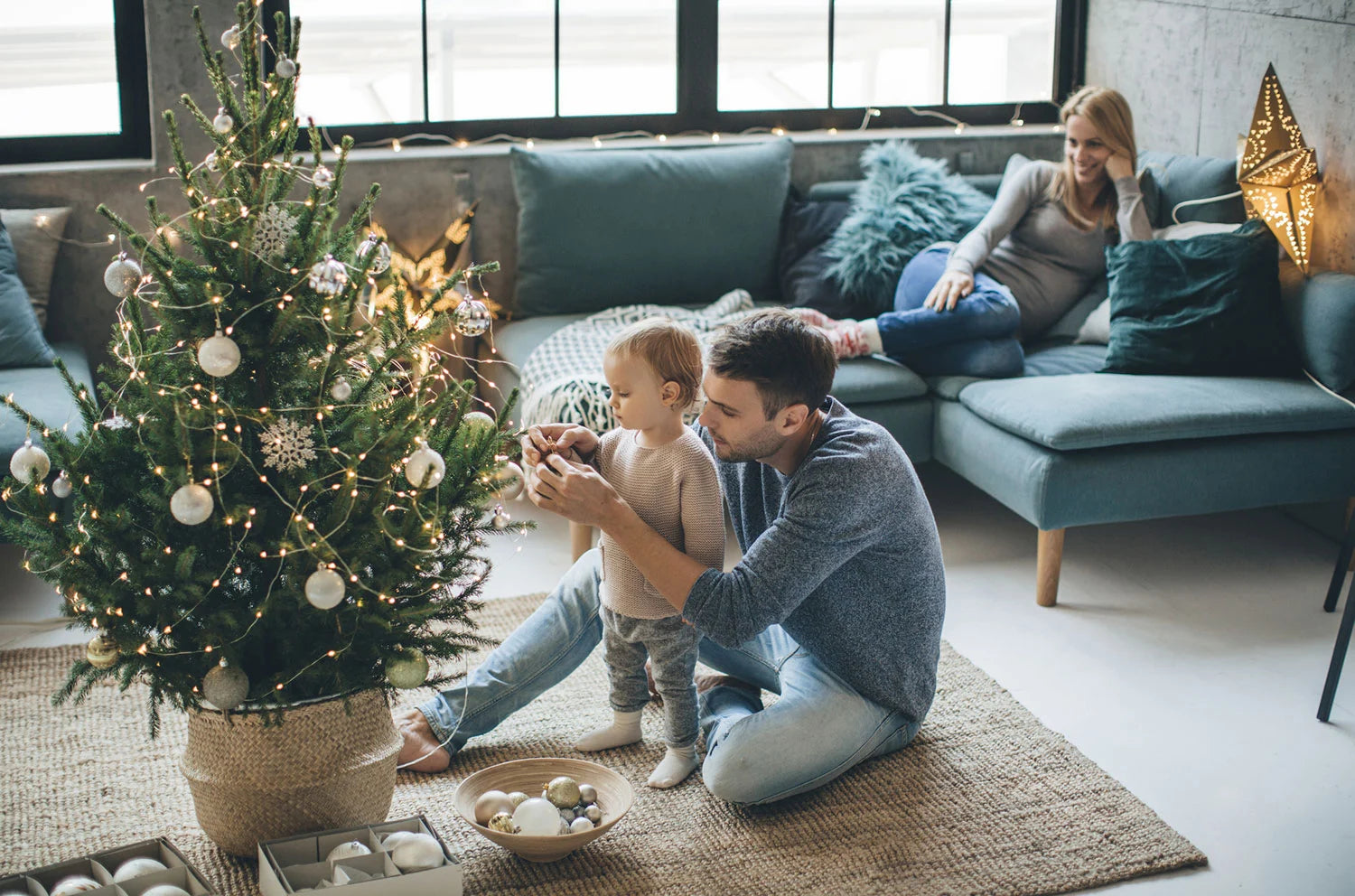 family Christmas tree decorating