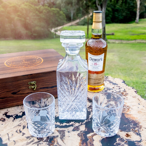 Crystal Whiskey Decanter with Engraved Rocks Glasses