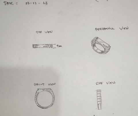 A sketch of a signet ring featuring multiple views: the top view shows the ring's flat top surface; the perspective view illustrates the ring's three-dimensional appearance; the front view details the ring's band and thickness; and the side view displays the band's layered design. The date "08-12-23" is noted at the top.