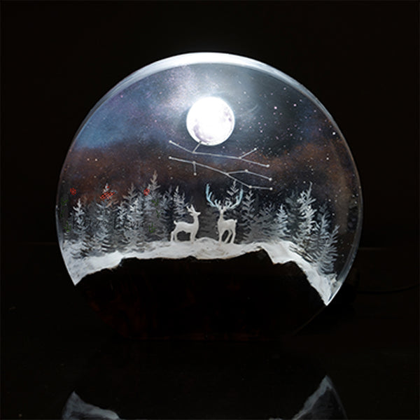 Circular Winter Forest Zodiac Deers Epoxy Resin Lamp