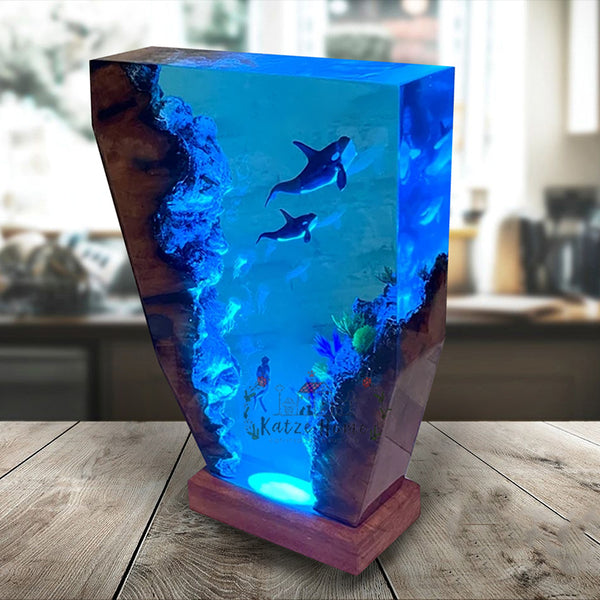 Handmade Epoxy Resin Father Orca Whale and Baby Orca Whale Lamp