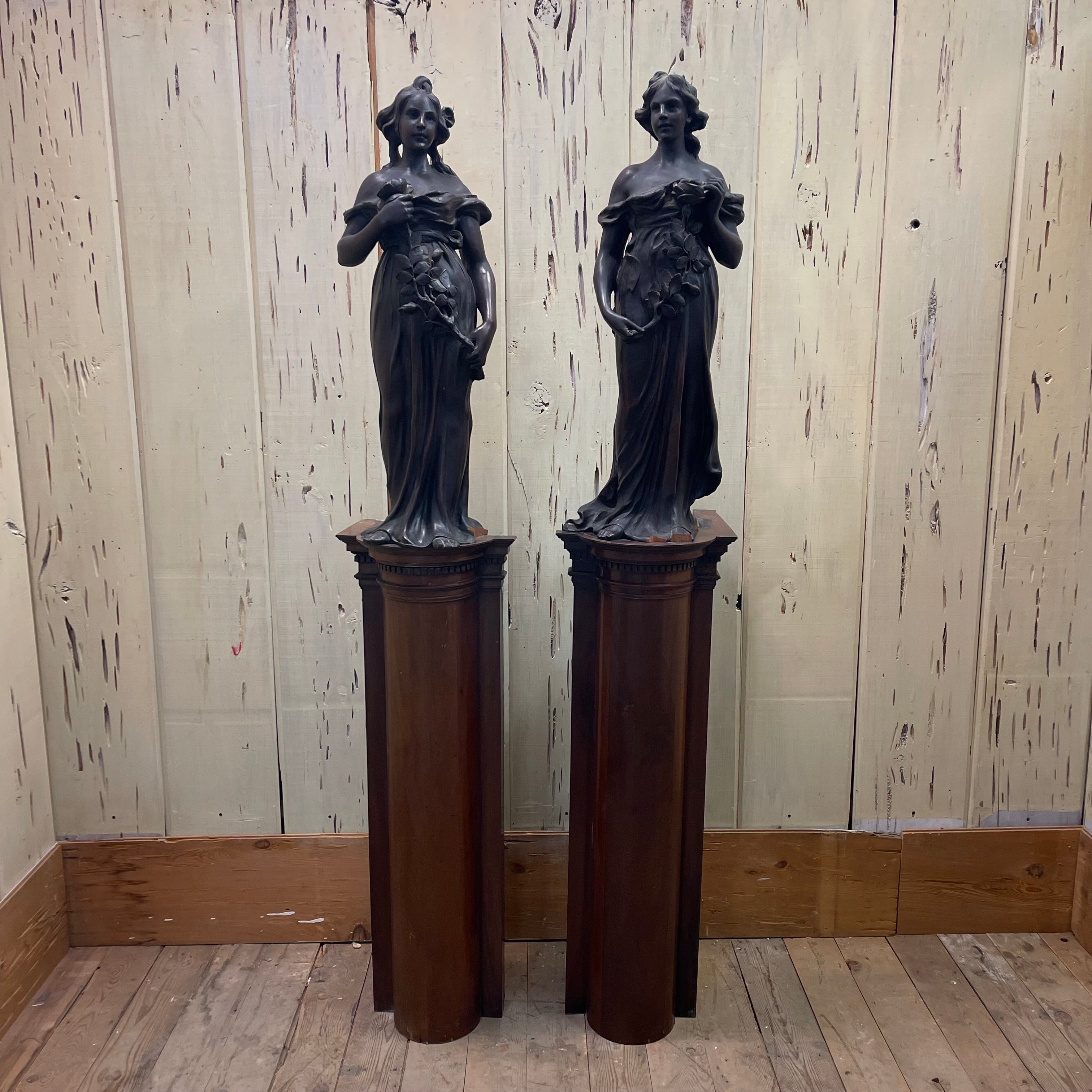 Art Nouveau Wood Statue With Pedestal