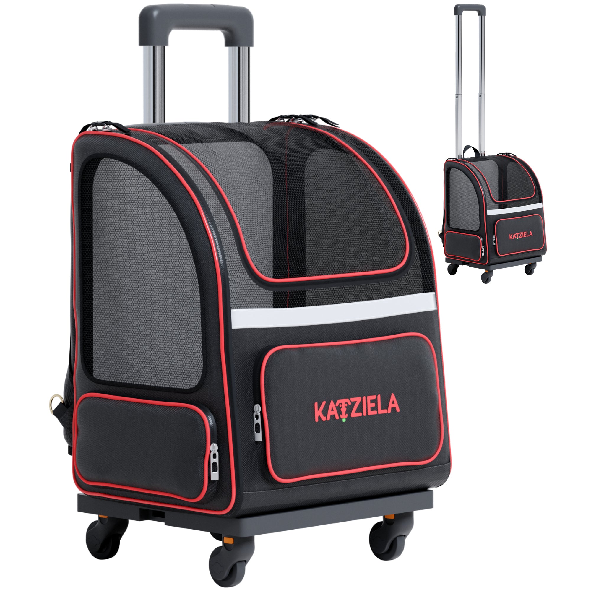 Katziela® Hybrid Adventurer Pet Backpack with Removable Wheels and Telescopic Handle (Black/Red)