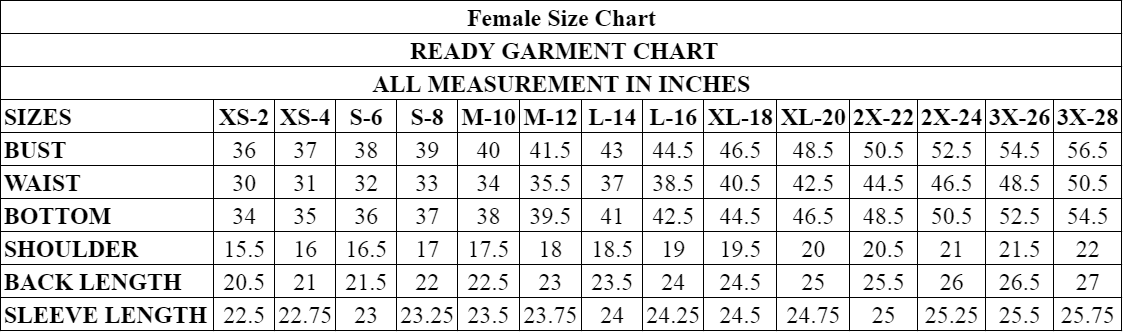 Women's Ready Jacket Size Chart