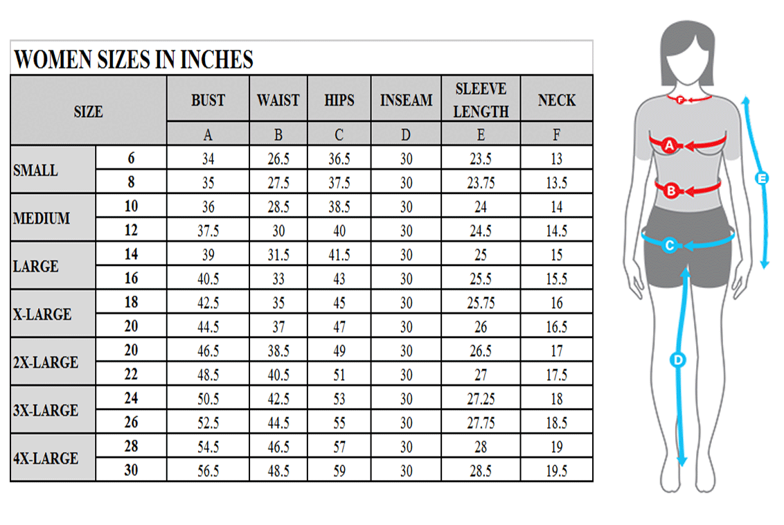 Women's size chart in inches  Womens size chart, Size chart, Womens sizes