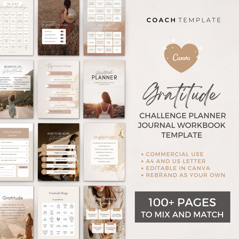 Editable Gratitude Challenge Planner Workbook Journal Canva Template | Life Wellness Spiritual Coach Business Content Creator Commercial Use