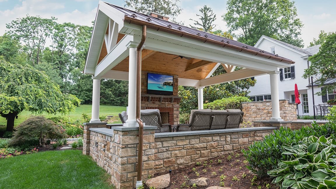 Covered patio with outdoor tv and speakers installed