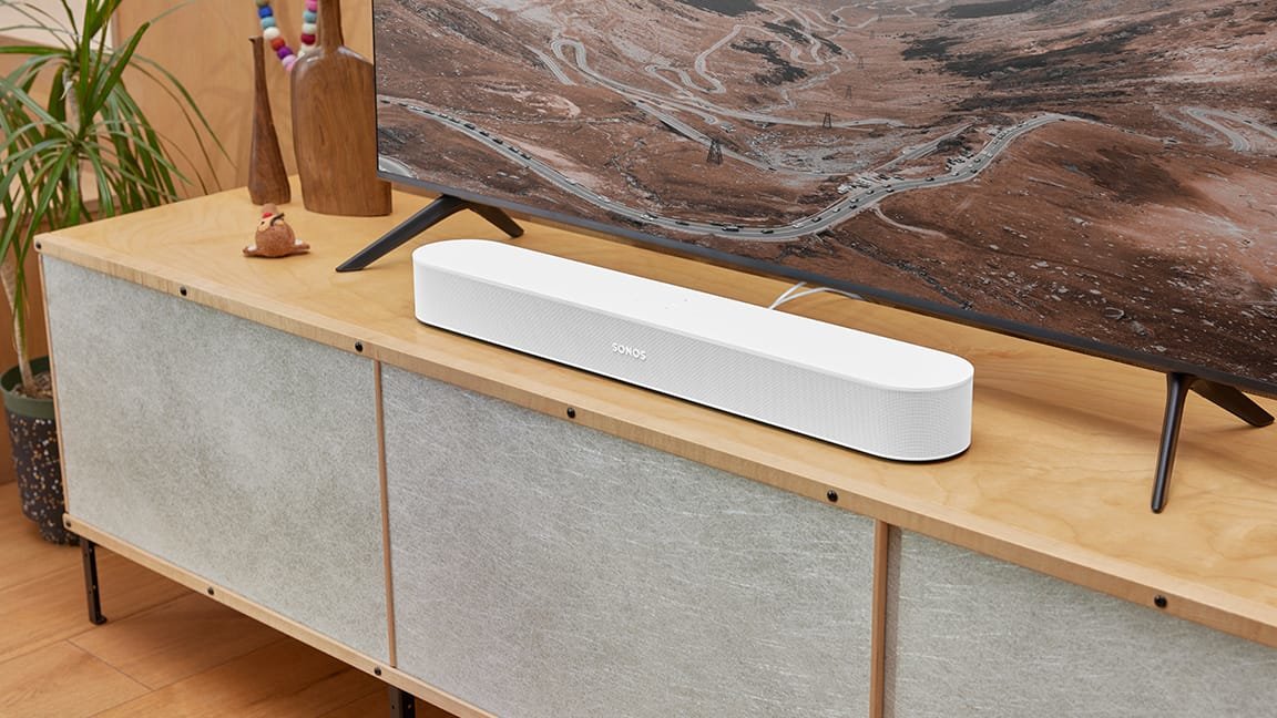 Sonos Beam Gen 2 sound bar in white with TV