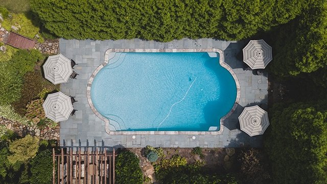 overhead view of in-ground pool
