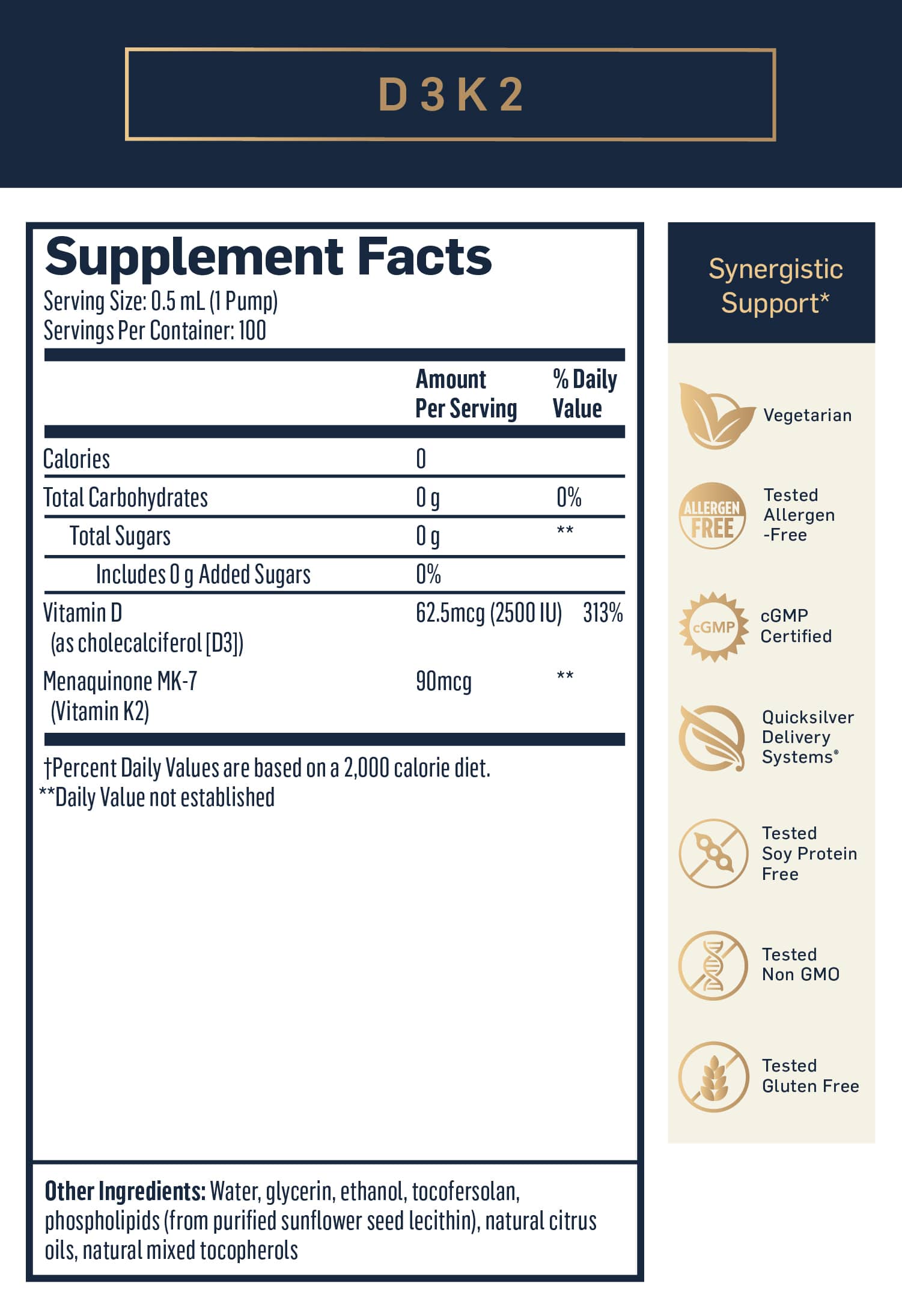 Quicksilver Liposomal Vitamin D3K2 Supplement Facts