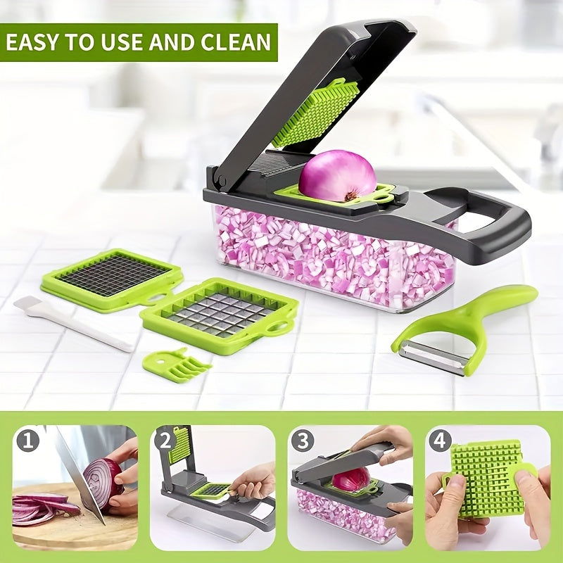 12/16 Pcs Multifunctional Vegetable Chopper Set – Slicer, Grater, Mincer with Container and Interchangeable Blades