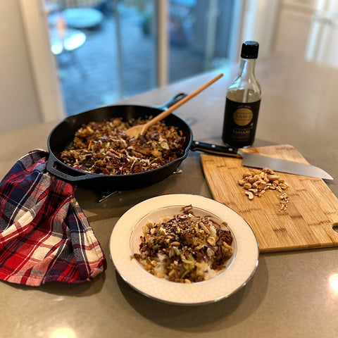 Egg Roll in a bowl: ground meat, cabbage and rice