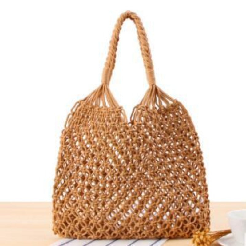 Camel Fish Net Beach Bag with Woven Base