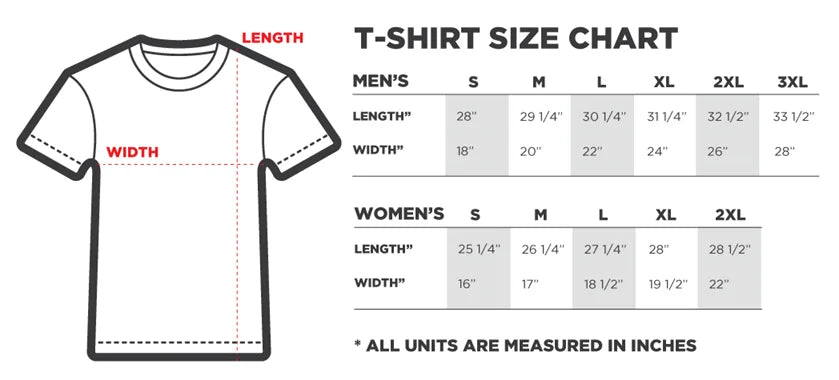 t-shirt sizes and the respective body measurements