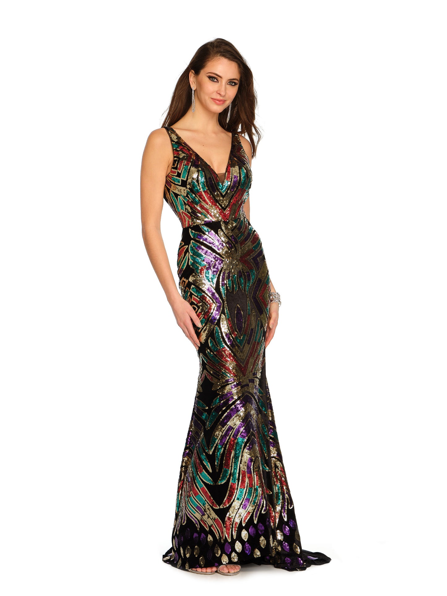 FITTED V-NECK SHINY GOWN - Dave & Johnny
