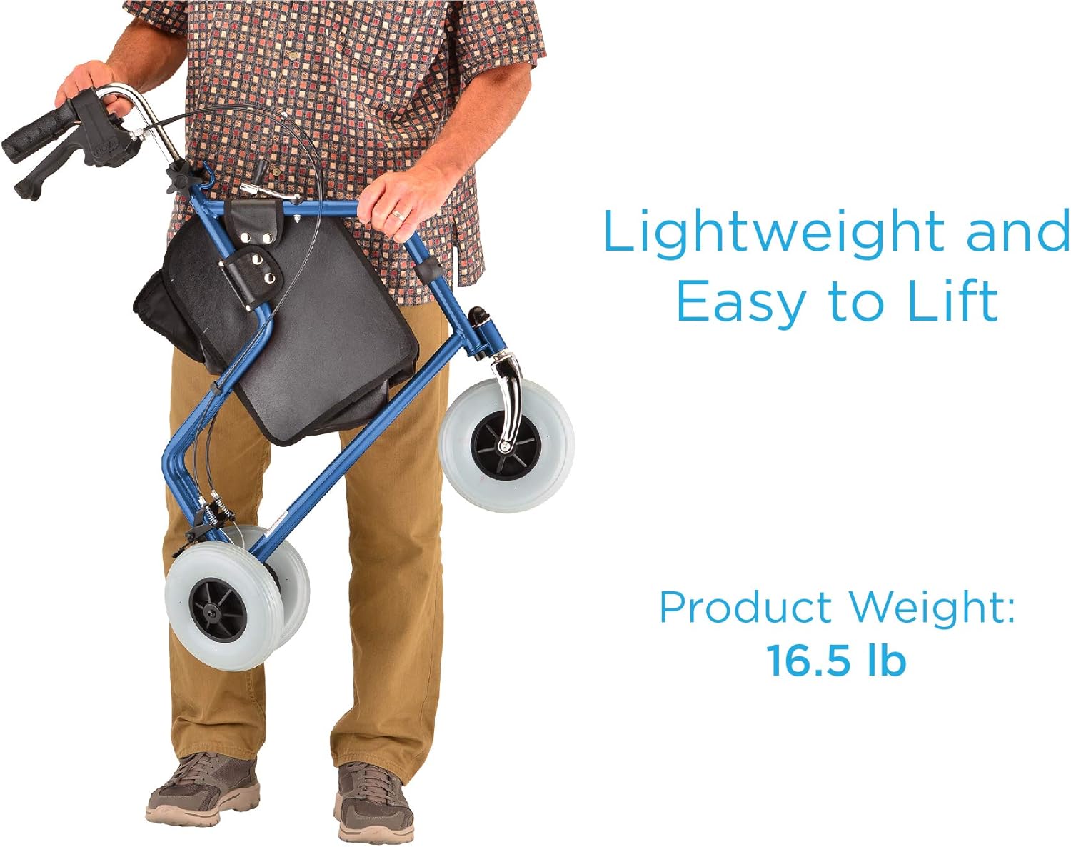 A traveler in a plaid shirt and khakis lifts the Nova Medical Traveler 3 Wheel Rollator Walker—just 16.5 lb—with one hand. Text: Lightweight & Easy to Lift. All-terrain 8” wheels for smooth mobility everywhere.
