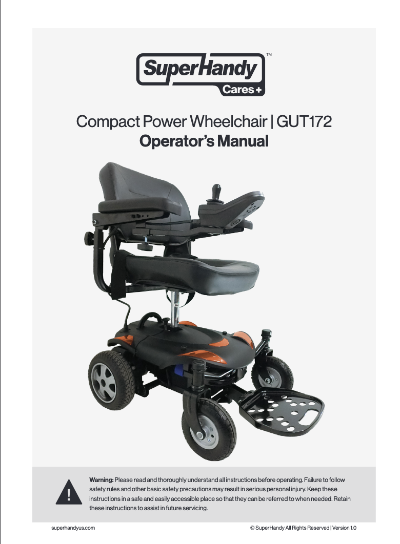 The image showcases the cover of an operators manual for a SuperHandy GoRide CRZ Portable Powerchair. This electric wheelchair features a black design with orange accents, four wheels, armrests, and is lightweight for daily convenience.