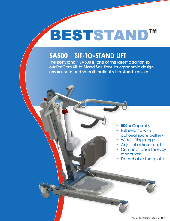 The Bestcare BestStand® SA Series Sit-to-Stand Patient Lift is a blue and gray ergonomic lift for safe transfers, featuring a 500lb capacity, full electric operation, wide lifting range, adjustable knee pad, and detachable foot plate.