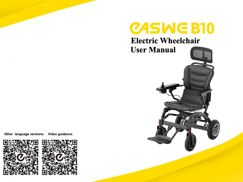 Cover of the EASWE B10 Portable Folding Powerchair - Airline Approved User Manual, showing a black powerchair with dual motors on the right and QR codes for other languages and video guides on the left.