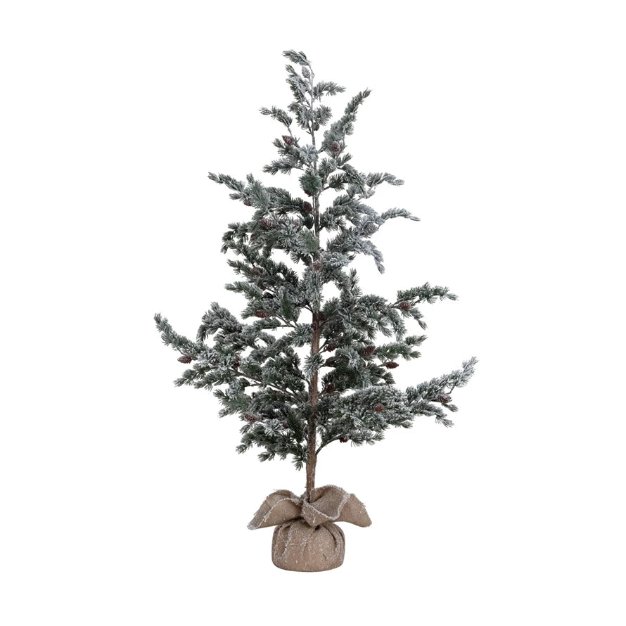 Faux Evergreen Tree in Burlap Sack, Snow Finish, Green & Natural