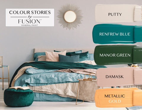 Coastal inspired bedroom with paint swatches
