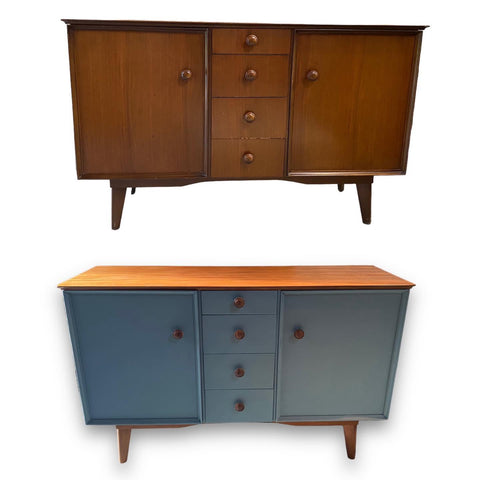 Before and after of a painted sideboard