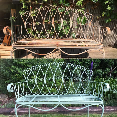 Rusty Garden bench and repainted bench before and after