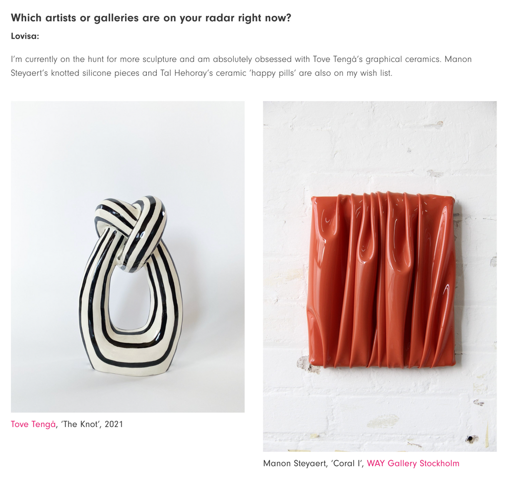 This is a screenshot from an article made by Affordable Art Fair that mentions sculptor Tove Tengå