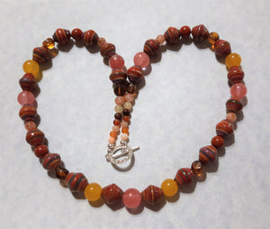 Rust and Rainbow Rolled Paper, Gemstone and Glass Bead Necklace