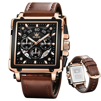 Square Leather Chronograph Watch Set