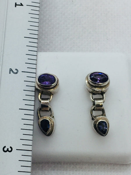 Solid Sterling Silver Genuine Amethyst & Iolite Bezel Set Earrings