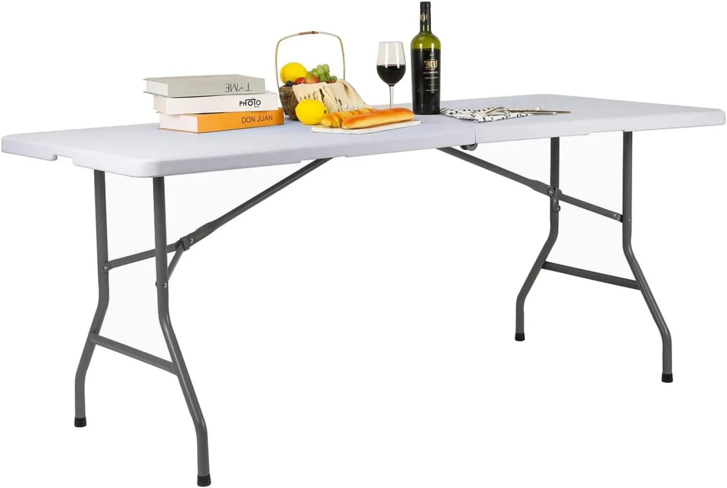 Folding Table 6ft Portable Heavy Duty Plastic Fold-in-Half Utility Picnic Table