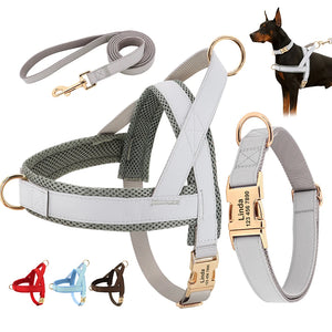 Personalized Dog Collar Harness Leash Set Custom Dog Collars No Pull Pet Vest - yourcasuallifestore