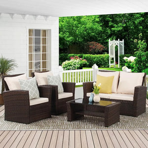 Wisteria Lane 4 Piece Outdoor Patio Furniture Sets, Wicker Conversation Set for Porch Deck, Brown Rattan Sofa Chair with Cushion - yourcasuallifestore