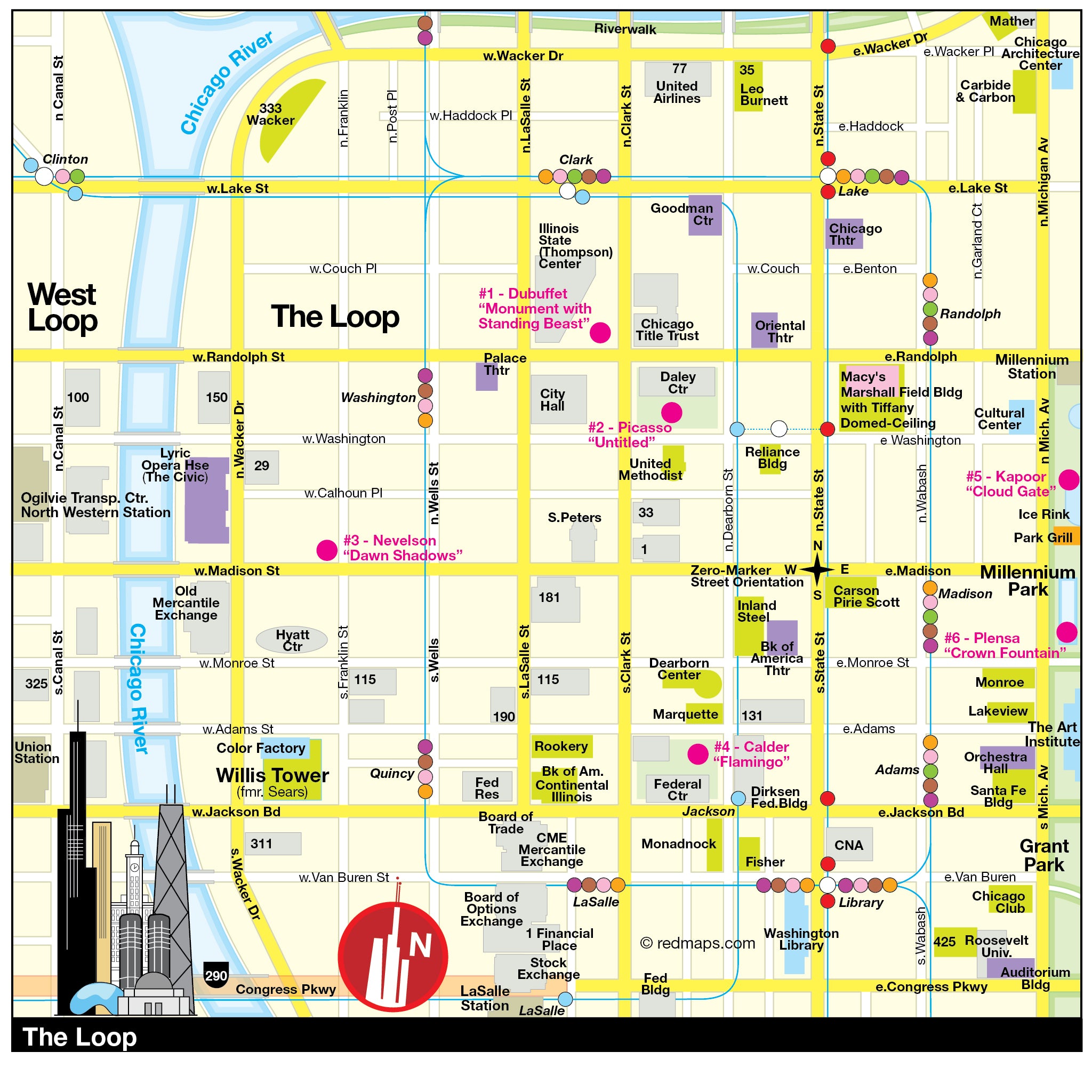 Chicago map showing famous public plaza sculptures in the Loop District.