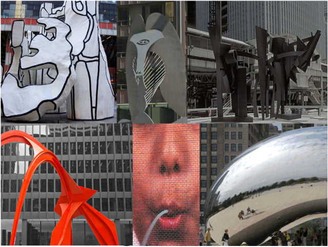Images of six famous outdoor art sculptures in Chicago's Loop District.