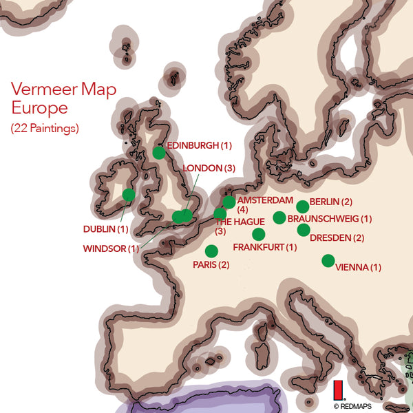Map showing locations of all Vermeer's paintings in European cities