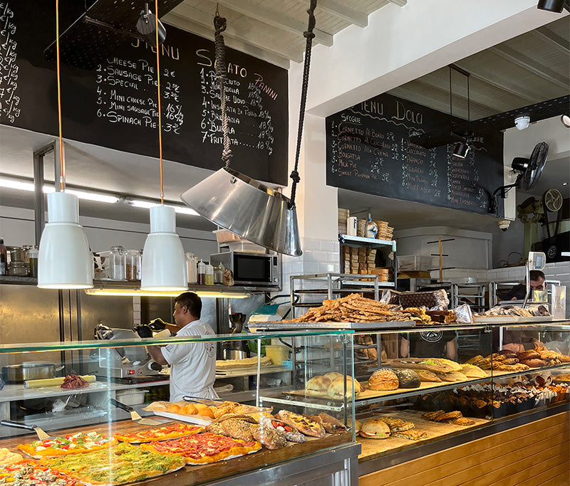 The food display of Il Forno di Gerasimo Cafe in Mykonos, Greece.