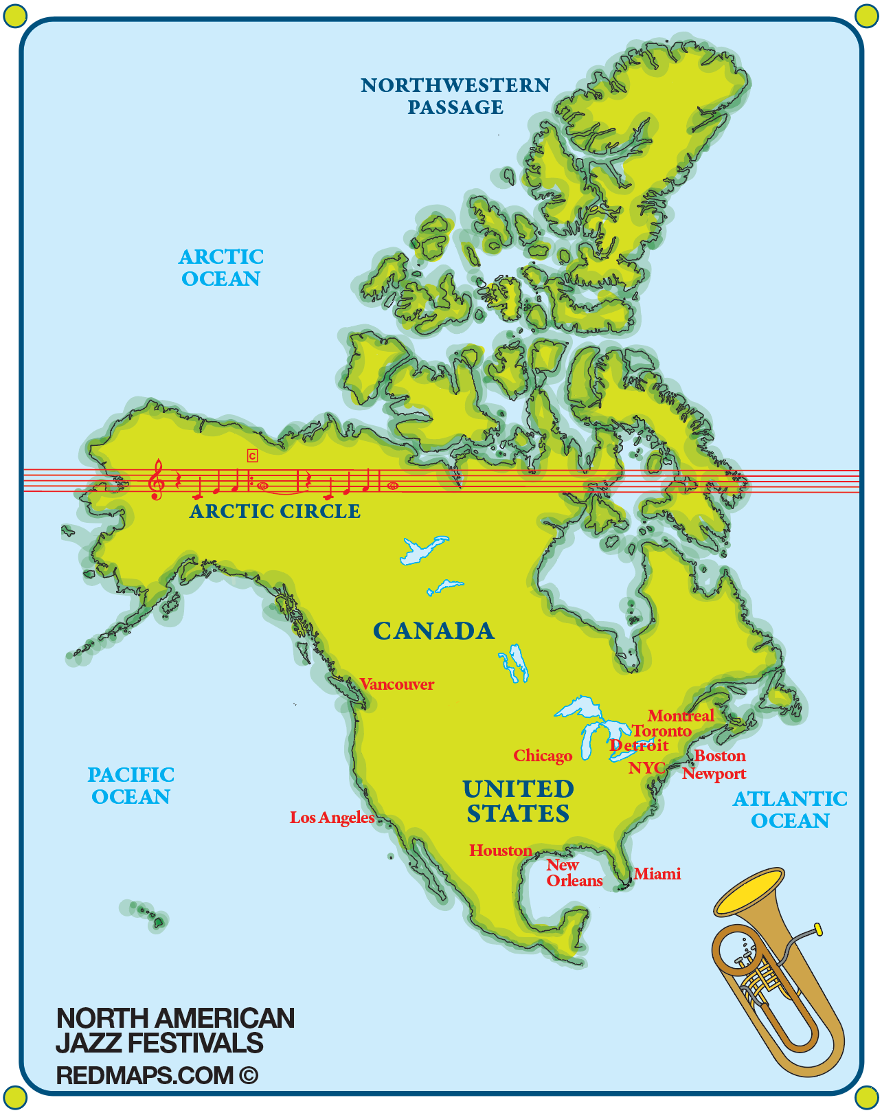 Map showing locations of major jazz festivals in North America.
