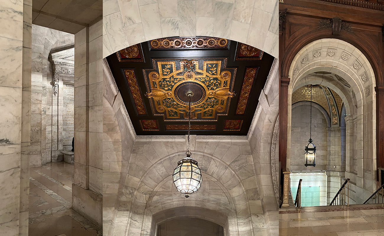 Fifth Avenue Library marble stairs and ceilings details.
