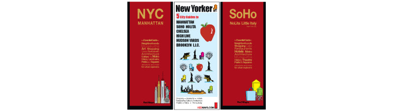 Neighborhood maps of New York City with red colored covers.