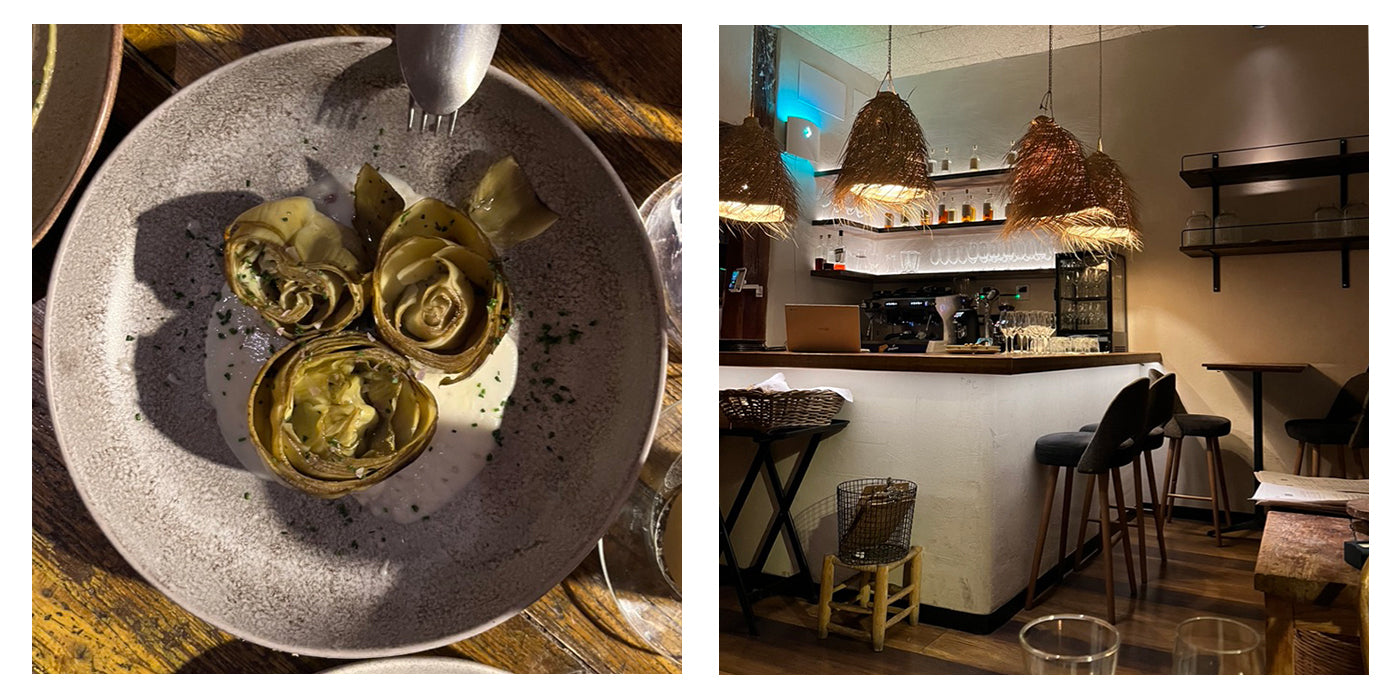 Artichoke salad and interior view of Mama Chico restaurant in Madrid Spain.